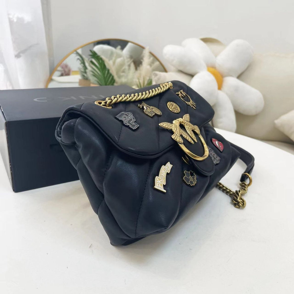 Pinko Quilted Black Shoulder Bag with Decorative Pins