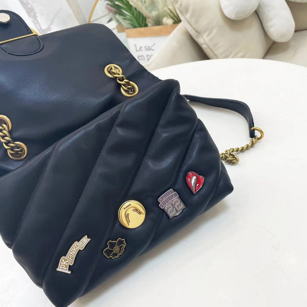 Pinko Quilted Black Shoulder Bag with Decorative Pins