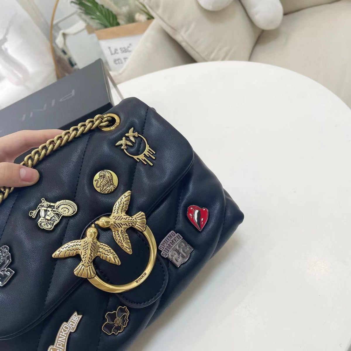 Pinko Quilted Black Shoulder Bag with Decorative Pins