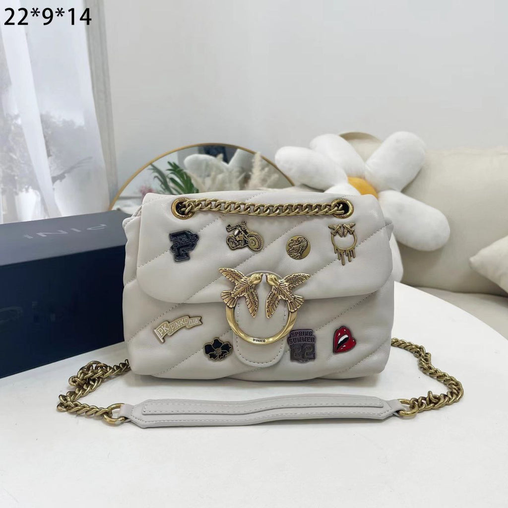 Pinko Quilted Black Shoulder Bag with Decorative Pins
