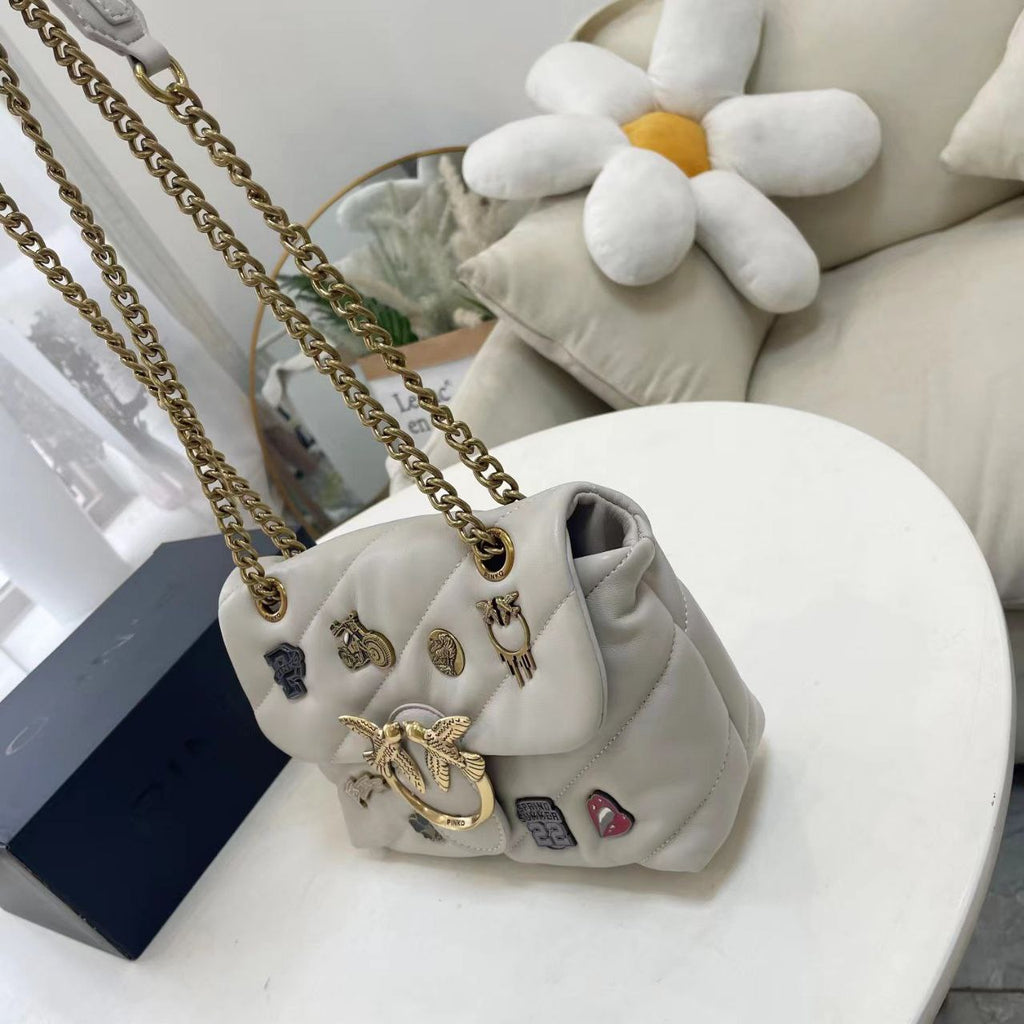 Pinko Quilted Black Shoulder Bag with Decorative Pins