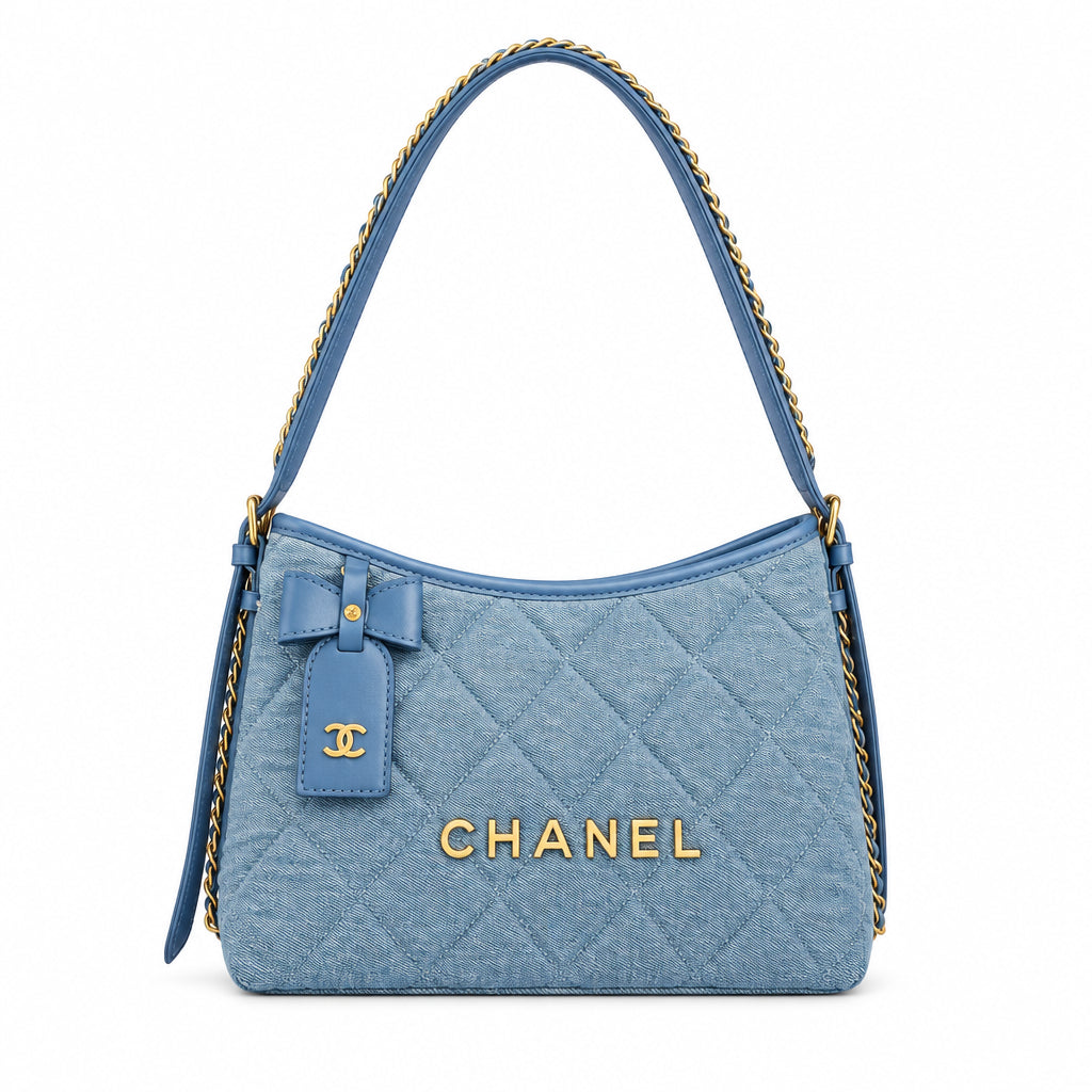 Chanel Quilted Denim Shoulder Bag with Gold Tone Bow Detail