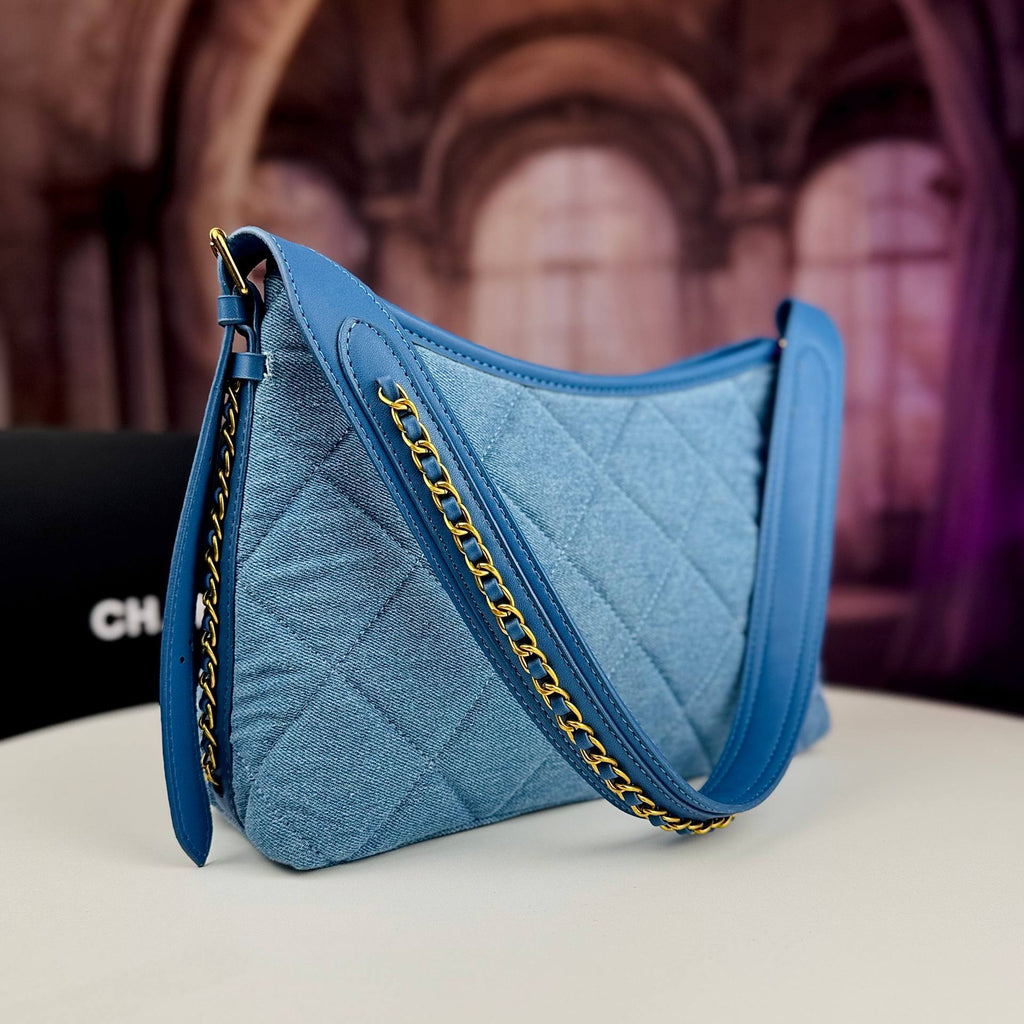 Chanel Quilted Denim Shoulder Bag with Gold Tone Bow Detail