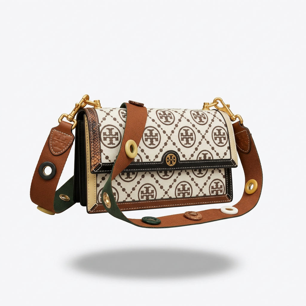 Tory Burch Monogram Shoulder Bag with Decorative Button Strap