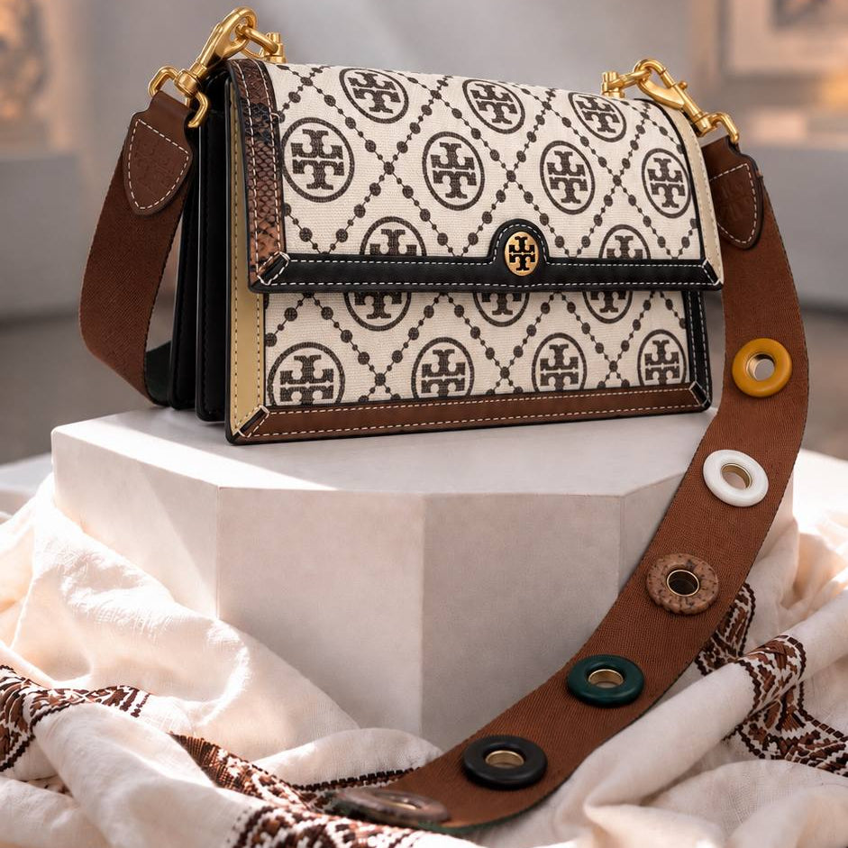 Tory Burch Monogram Shoulder Bag with Decorative Button Strap