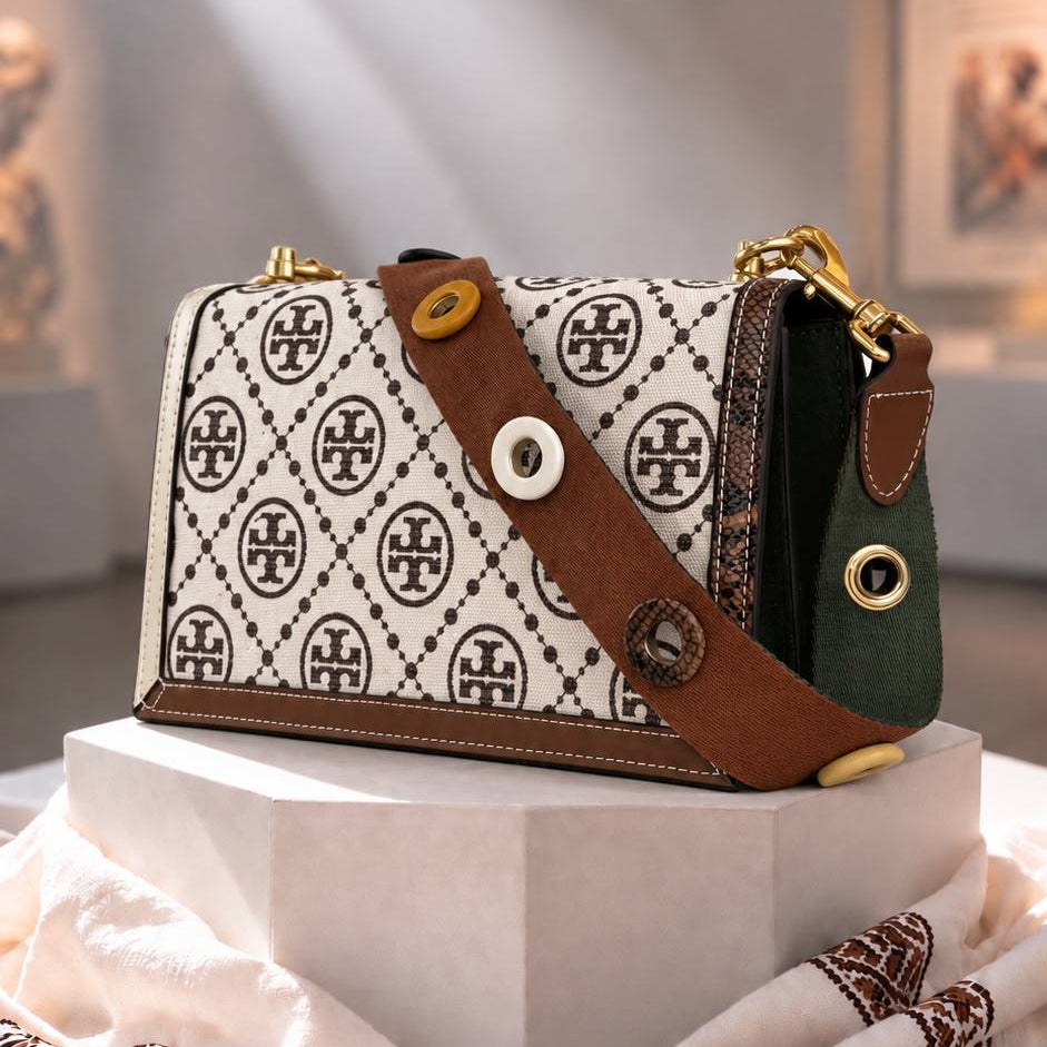 Tory Burch Monogram Shoulder Bag with Decorative Button Strap