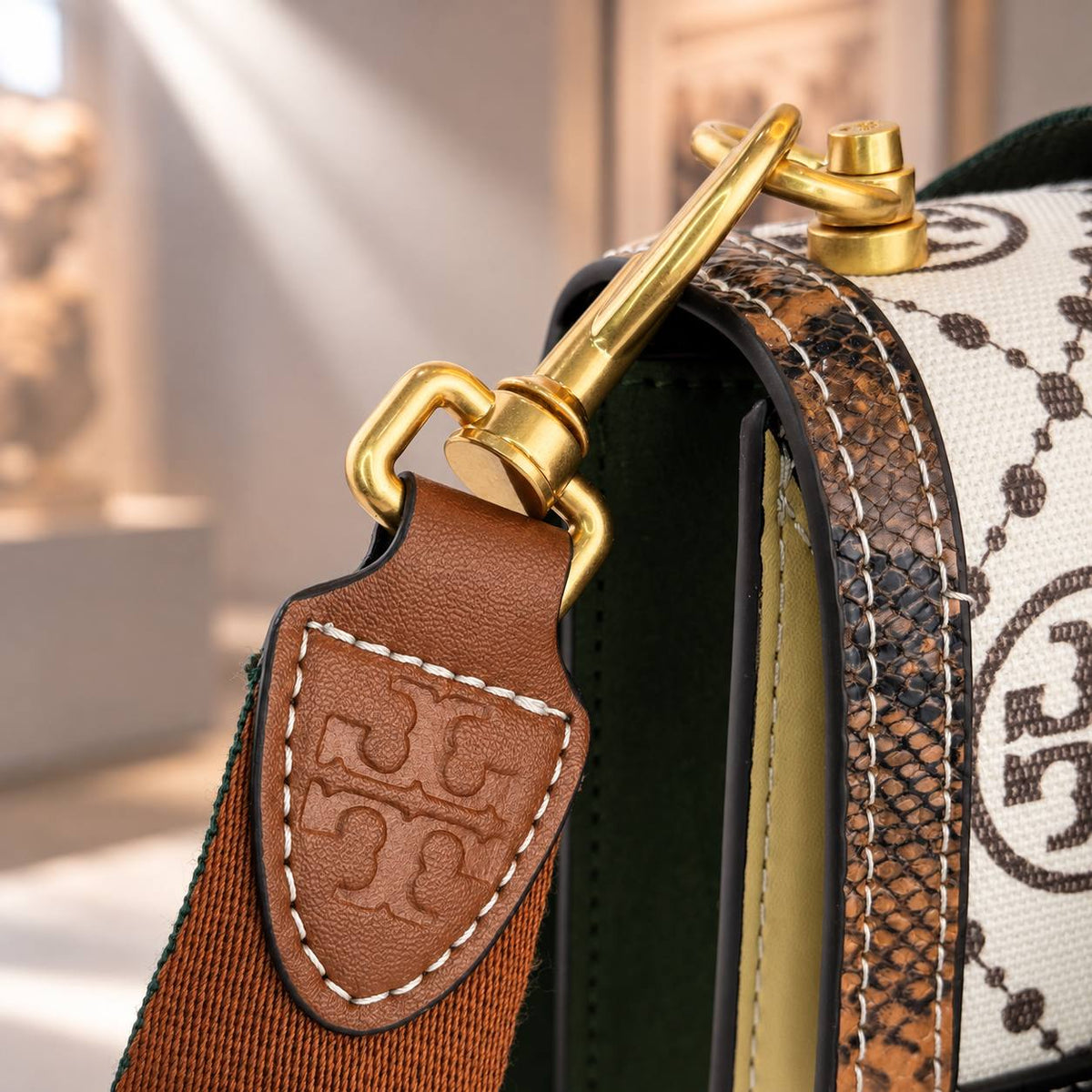 Tory Burch Monogram Shoulder Bag with Decorative Button Strap