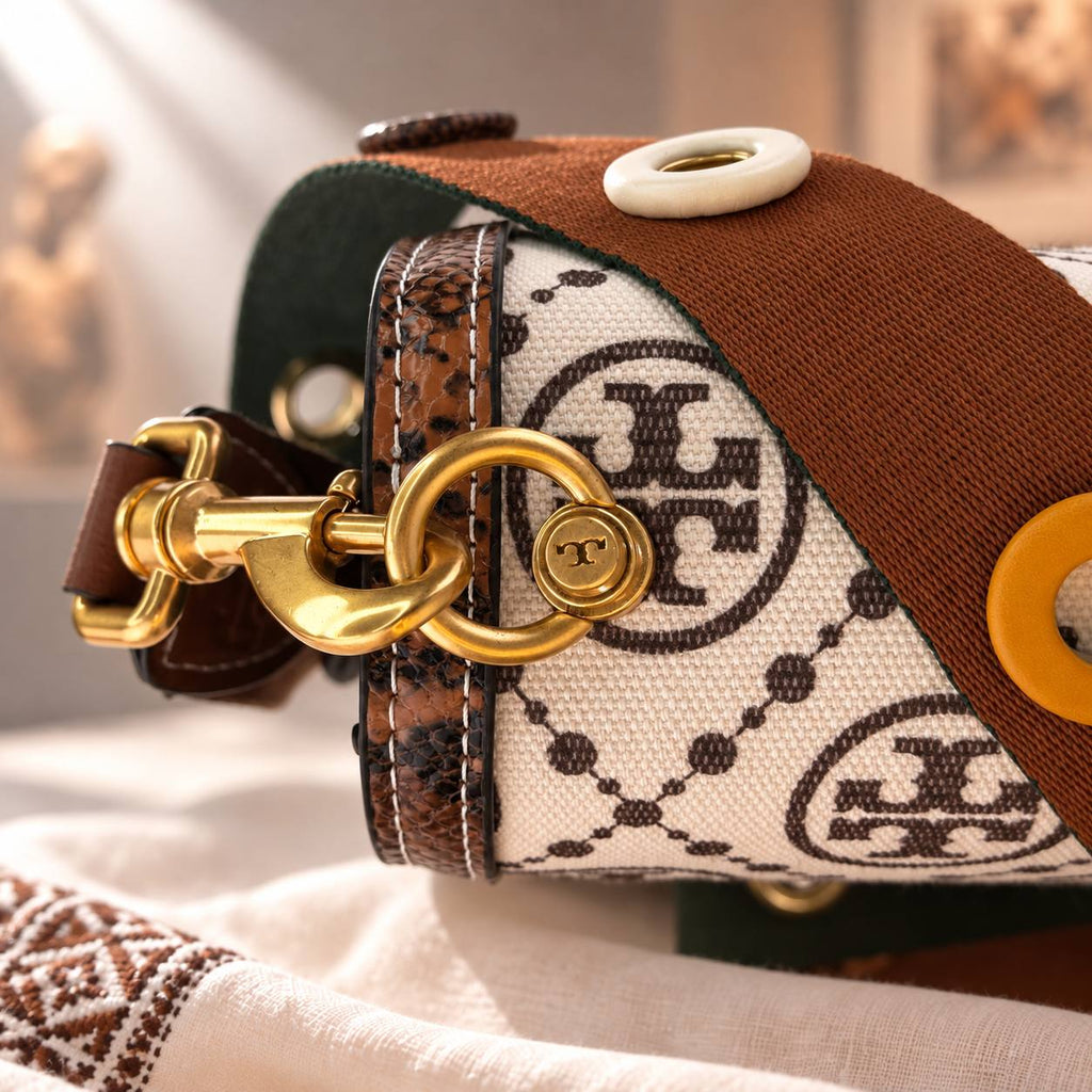 Tory Burch Monogram Shoulder Bag with Decorative Button Strap