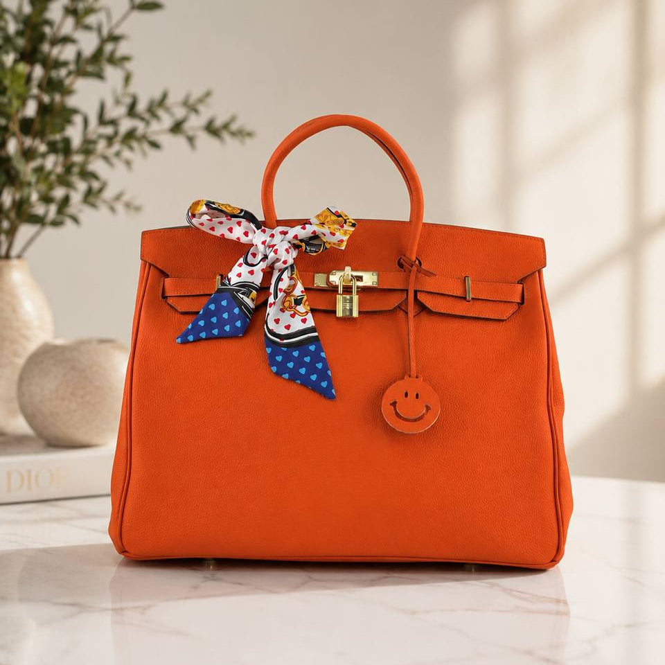 Vibrant Orange Genuine Leather Handheld Luxury Tote