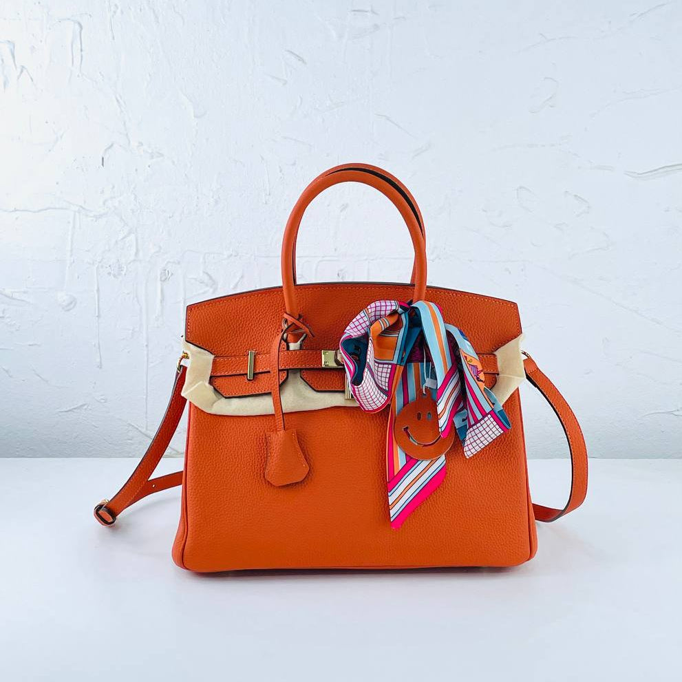Vibrant Orange Genuine Leather Handheld Luxury Tote
