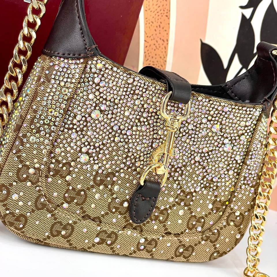 Gucci Crystal GG Monogram Shoulder Bag with Gold Chain ✨👜