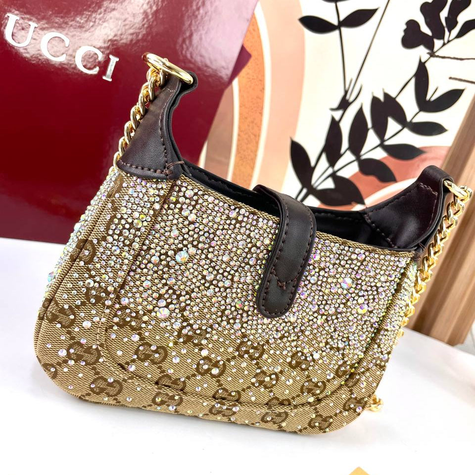 Gucci Crystal GG Monogram Shoulder Bag with Gold Chain ✨👜