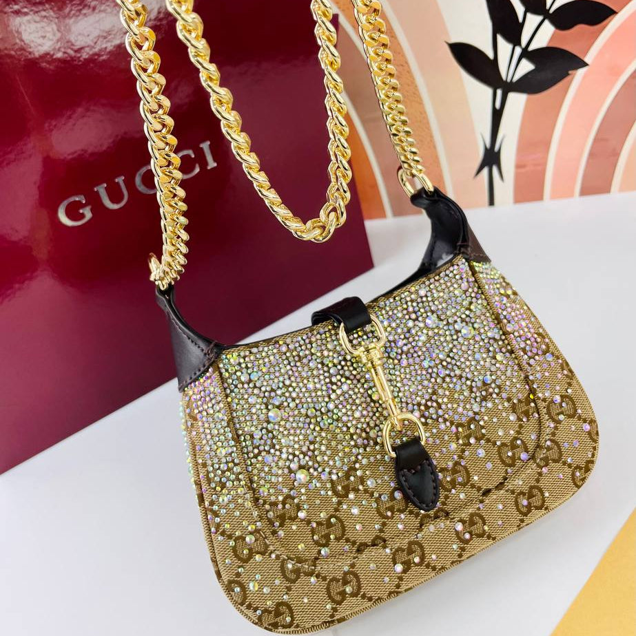 Gucci Crystal GG Monogram Shoulder Bag with Gold Chain ✨👜