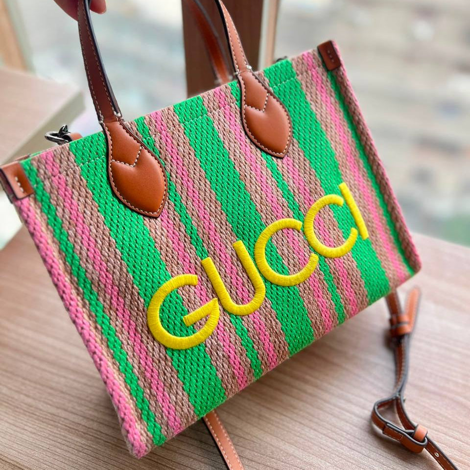 Gucci Striped Woven Tote Bag with Leather Accents 👜✨