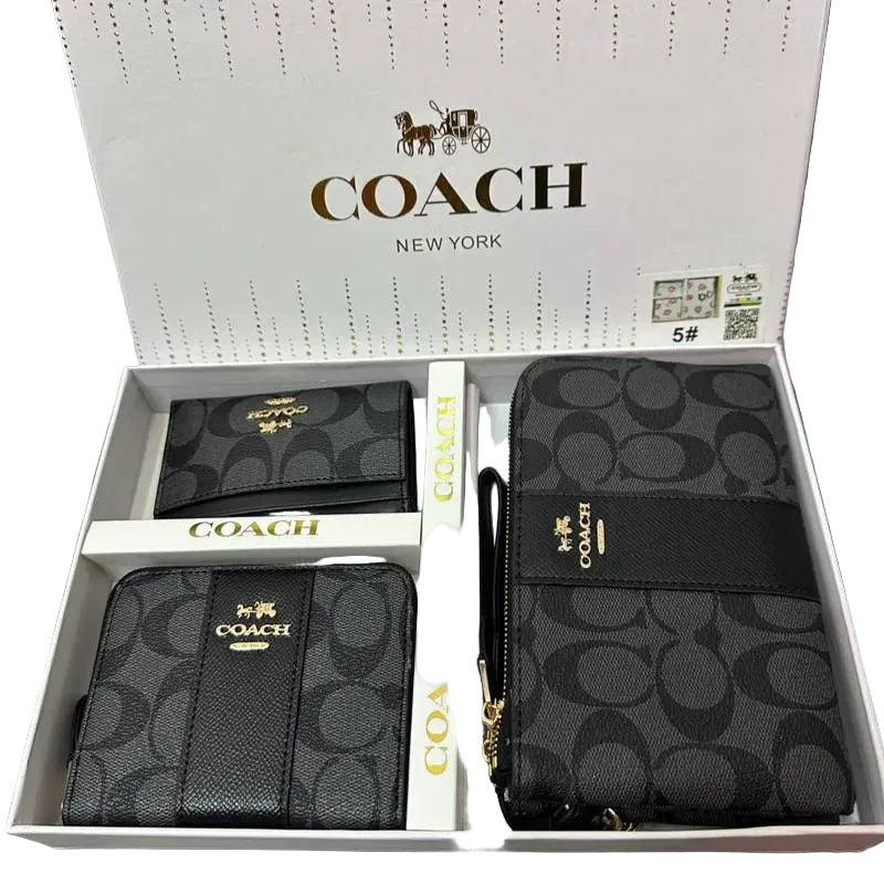 Coach Signature Canvas 3-Piece Wallet and Wristlet Gift Set in Charcoal 🎁💼✨