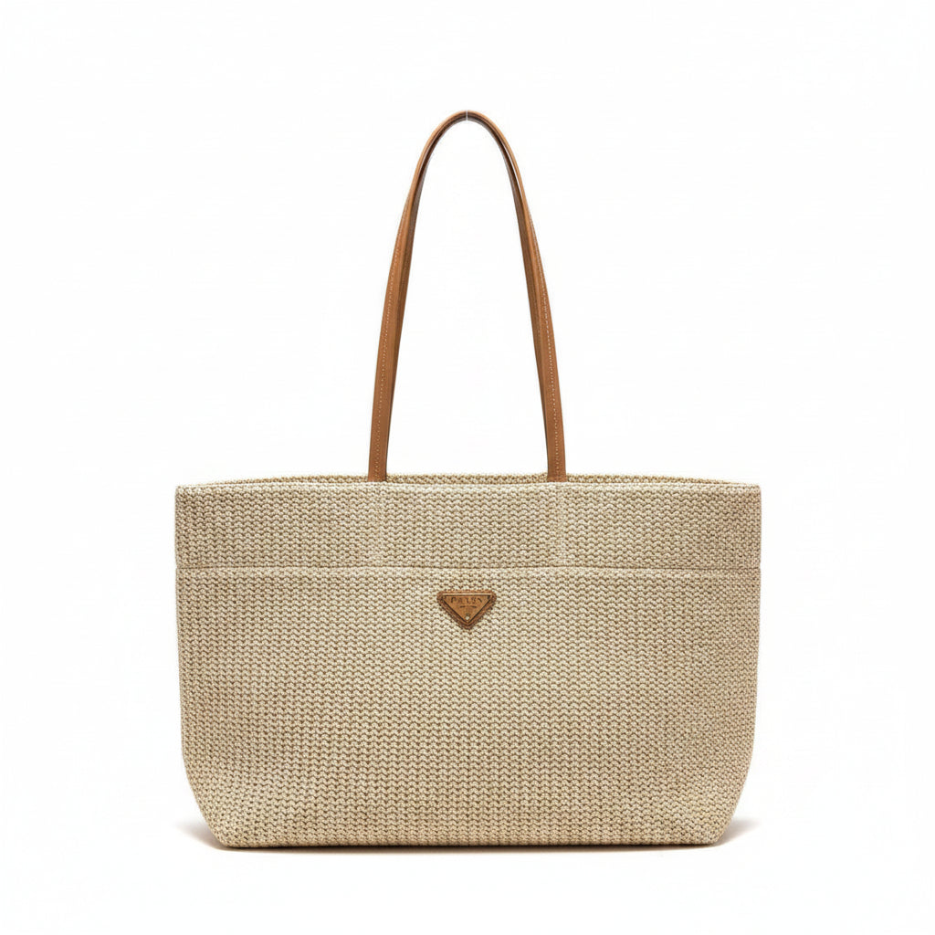 Prada Woven Straw Tote with Tan Leather Handles