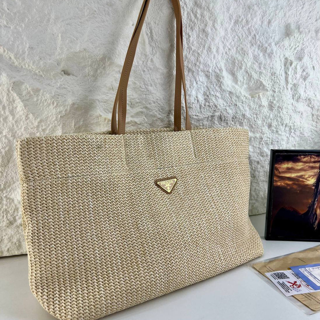 Prada Woven Straw Tote with Tan Leather Handles