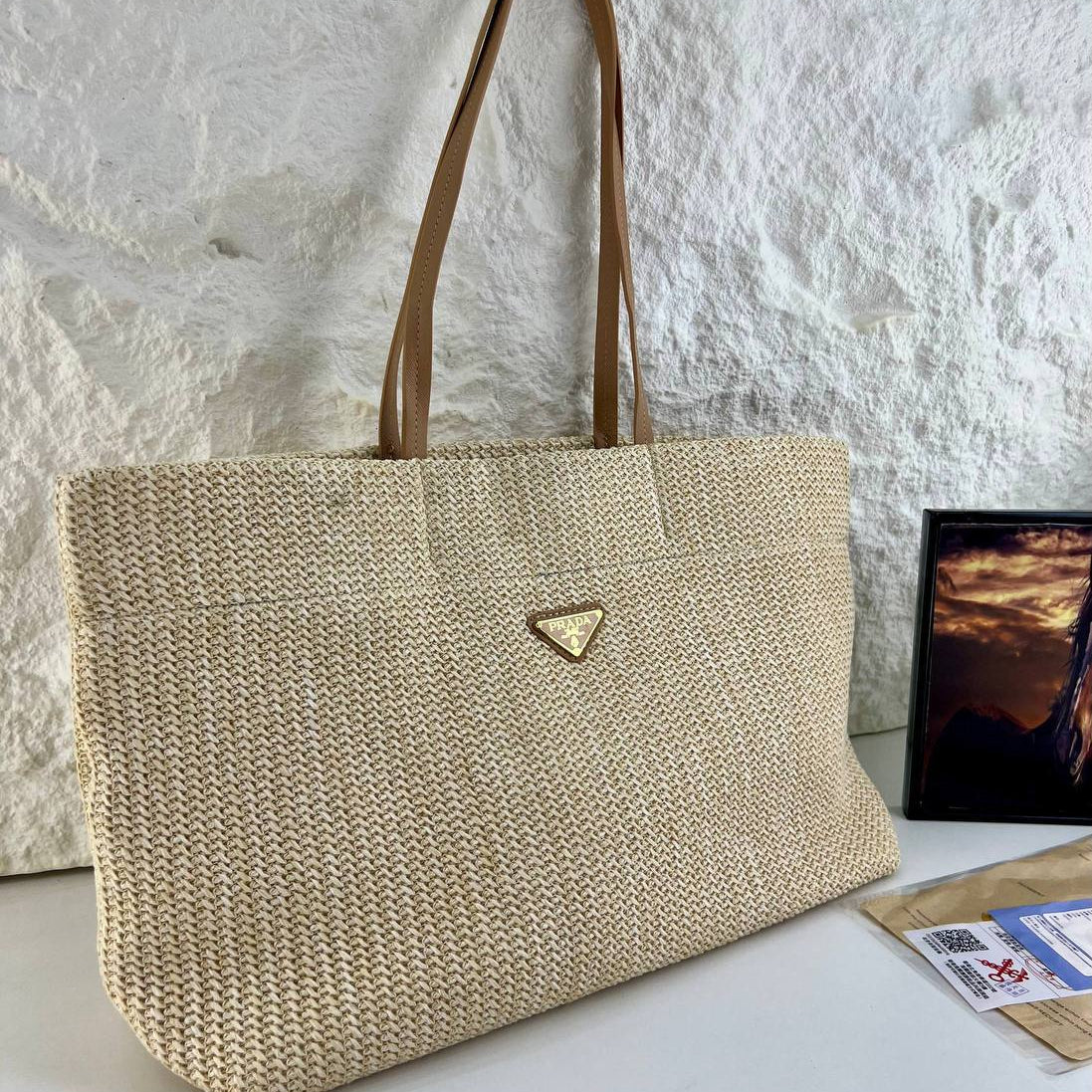 Prada Woven Straw Tote with Tan Leather Handles