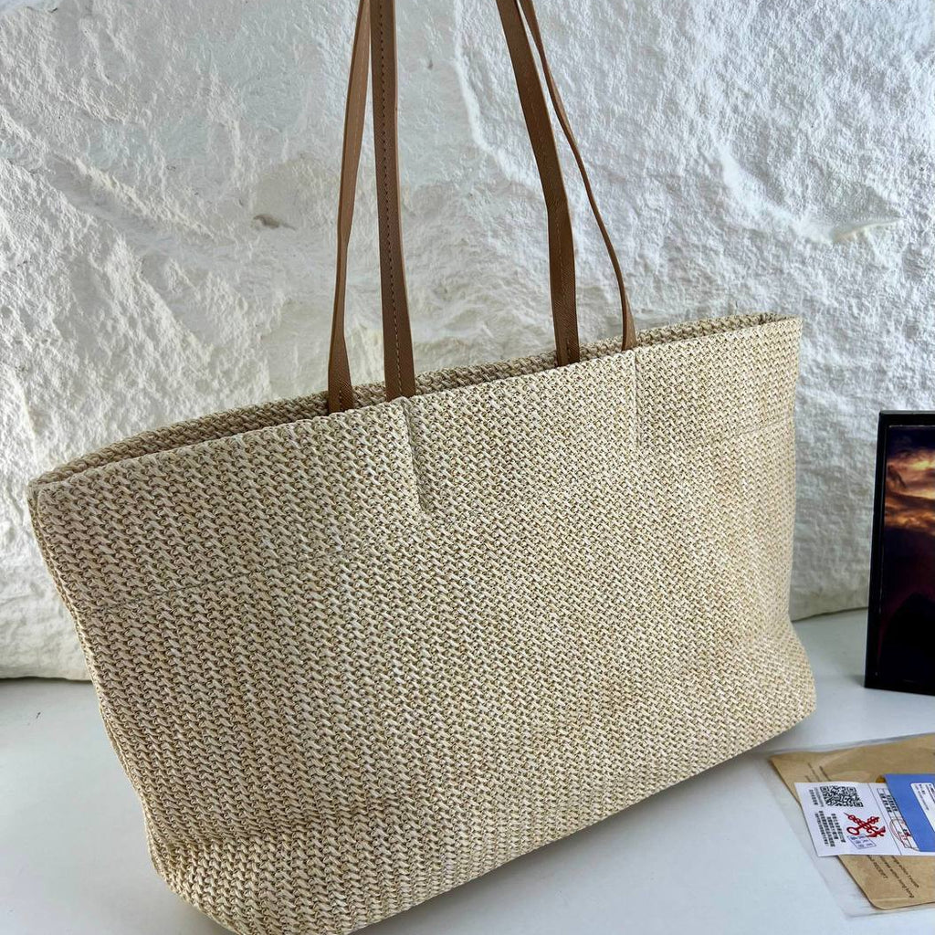 Prada Woven Straw Tote with Tan Leather Handles