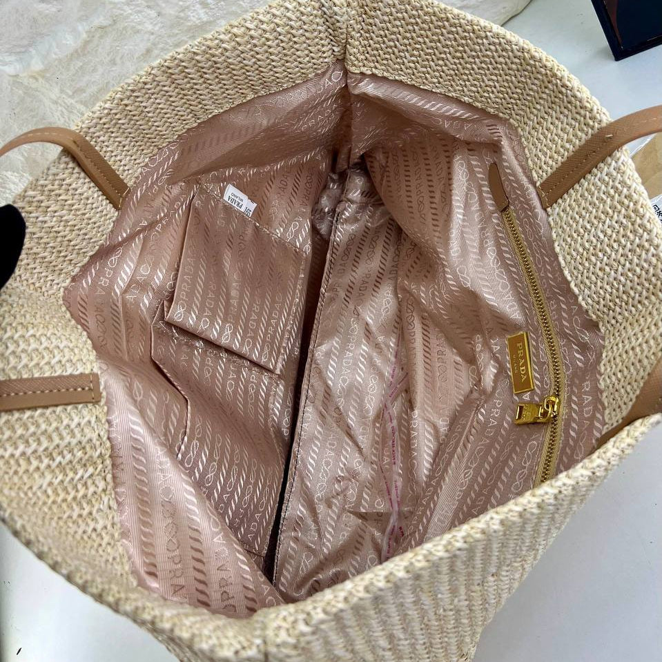 Prada Woven Straw Tote with Tan Leather Handles