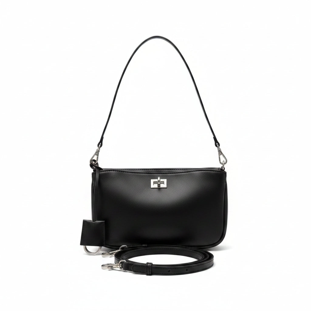 Minimalist Black Shoulder Bag with Silver Hardware