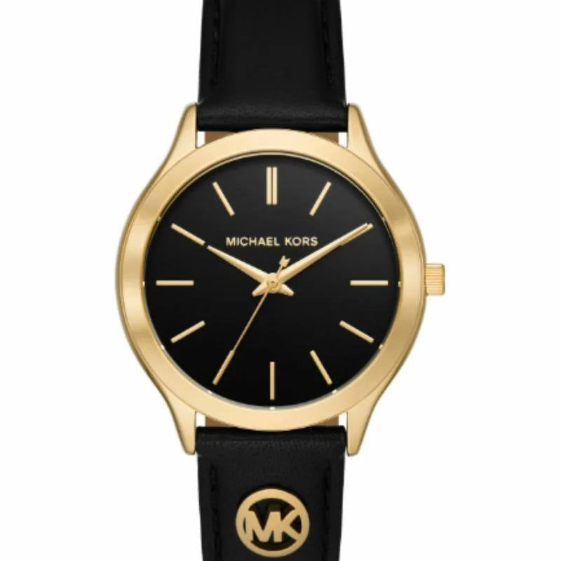 Michael Kors Gold Tone Leather Strap Watch with MK Logo Detail