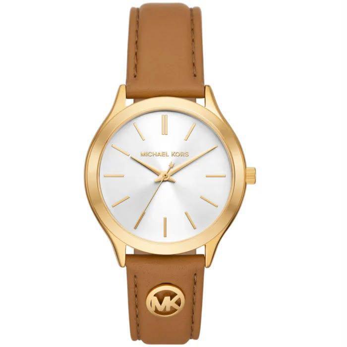Michael Kors Gold Tone Leather Strap Watch with MK Logo Detail