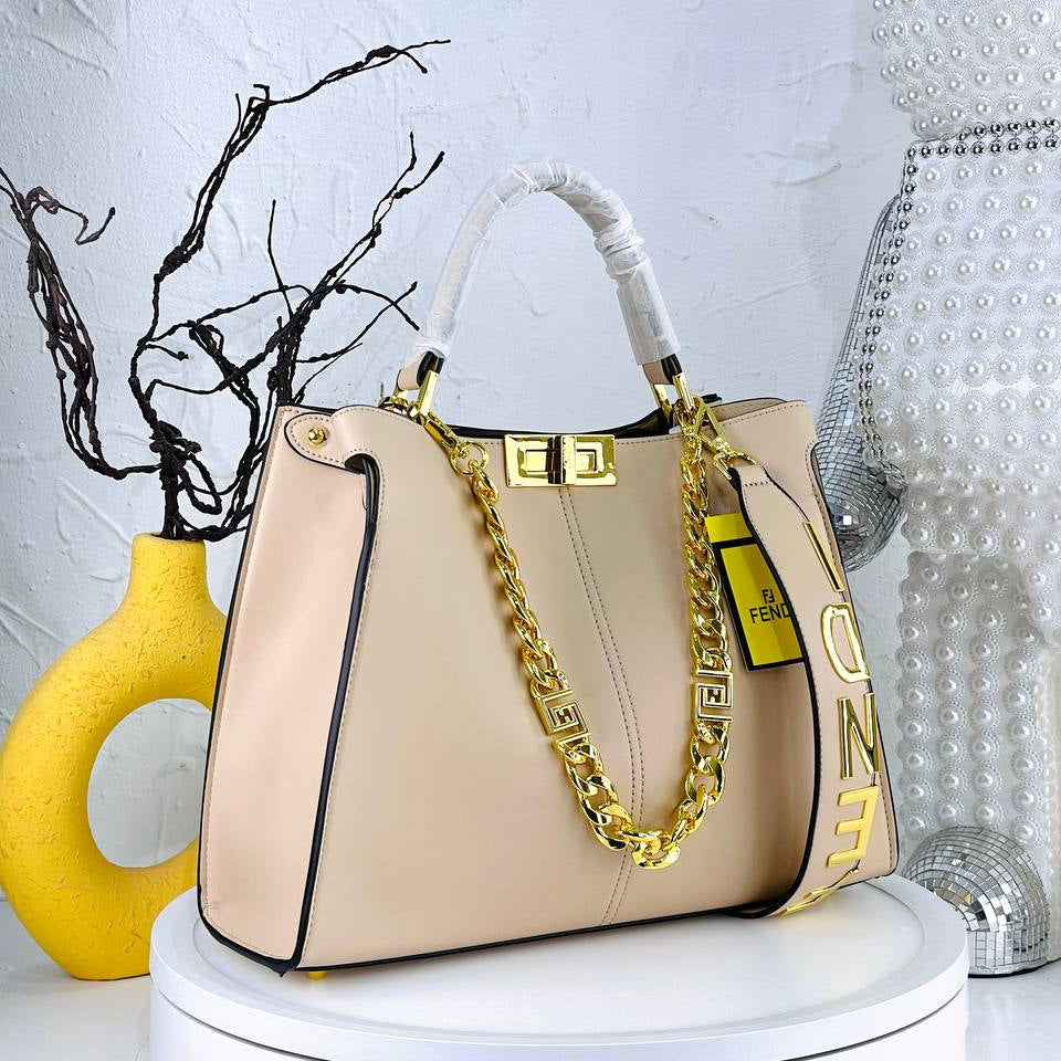 Elegant Fendi Style Handbag with Gold-Tone Chain Detail