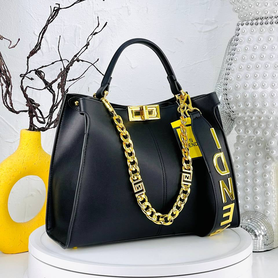 Elegant Fendi Style Handbag with Gold-Tone Chain Detail
