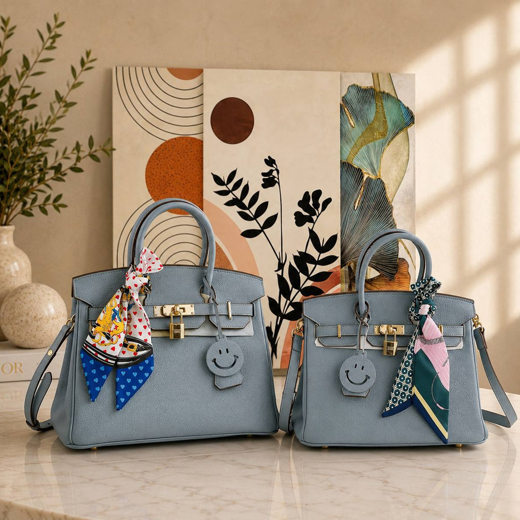 Blue Natural Leather Structured Handbag