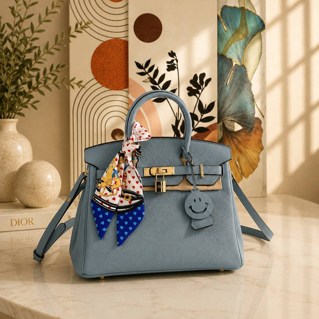 Blue Natural Leather Structured Handbag