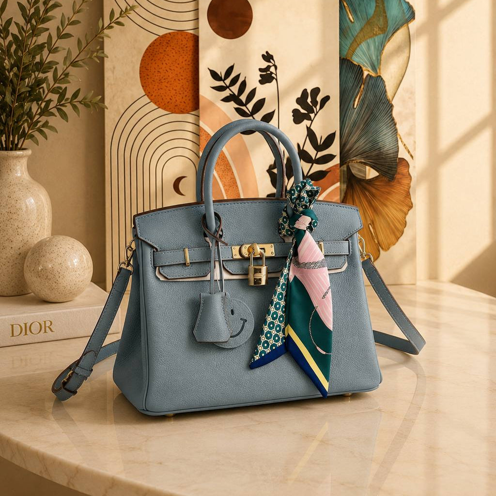 Blue Natural Leather Structured Handbag