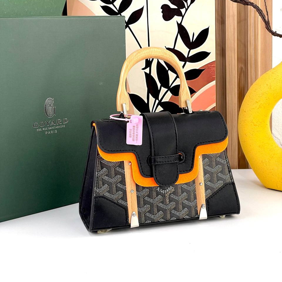 Goyard Style Handbag with Wooden Handle Details