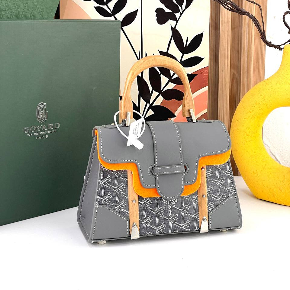 Goyard Style Handbag with Wooden Handle Details
