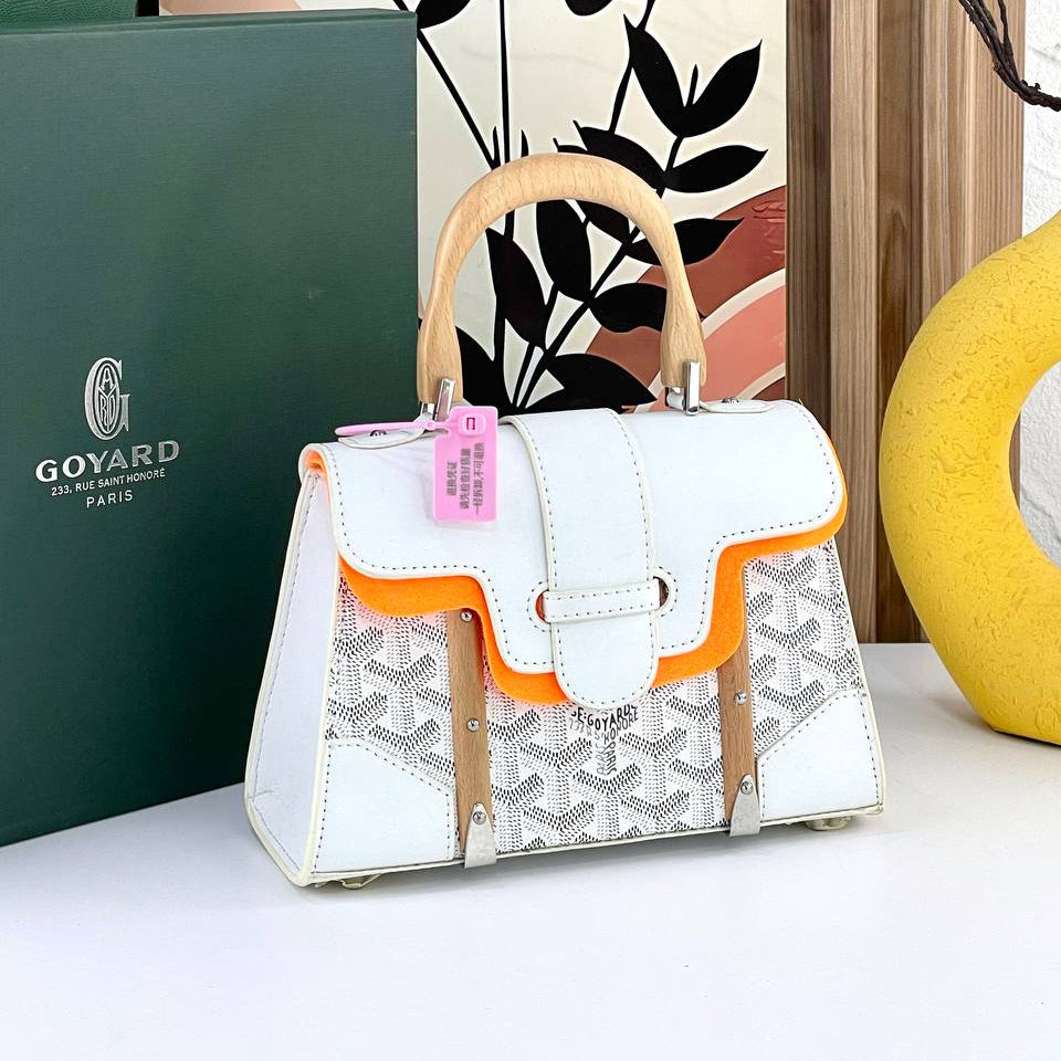 Goyard Style Handbag with Wooden Handle Details