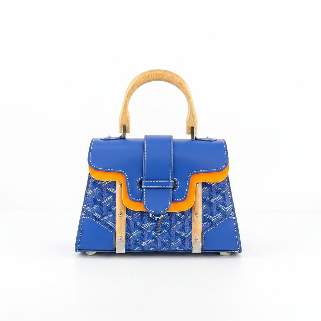Goyard Style Handbag with Wooden Handle Details