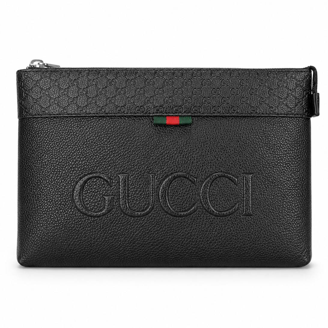 Gucci Embossed Leather Logo Clutch Bag in Black