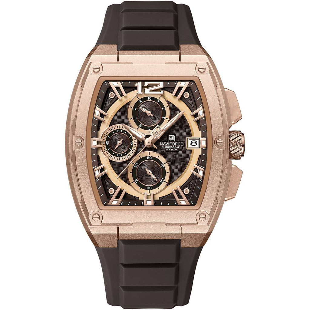 NAVIFORCE Tonneau Chronograph in Rose Gold and Black Silicone
