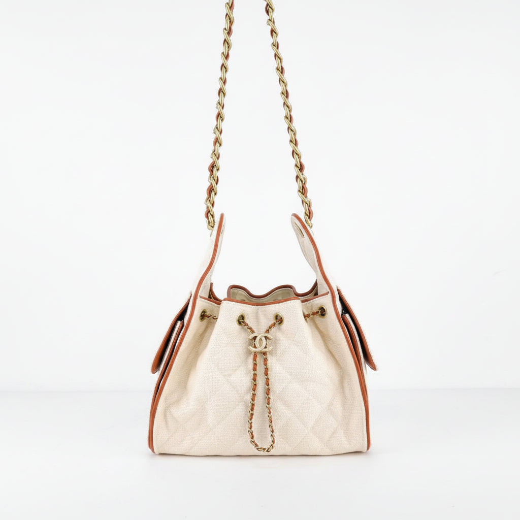 Chanel Quilted Canvas Bucket Bag with Gold Chain