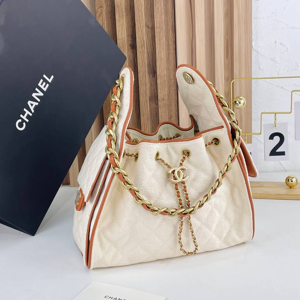 Chanel Quilted Canvas Bucket Bag with Gold Chain