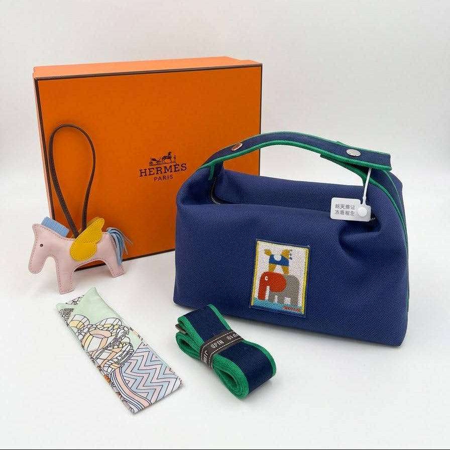 Hermes Canvas Handbag Set with Horse Charm and Scarf