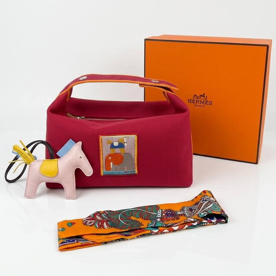Hermes Canvas Handbag Set with Horse Charm and Scarf