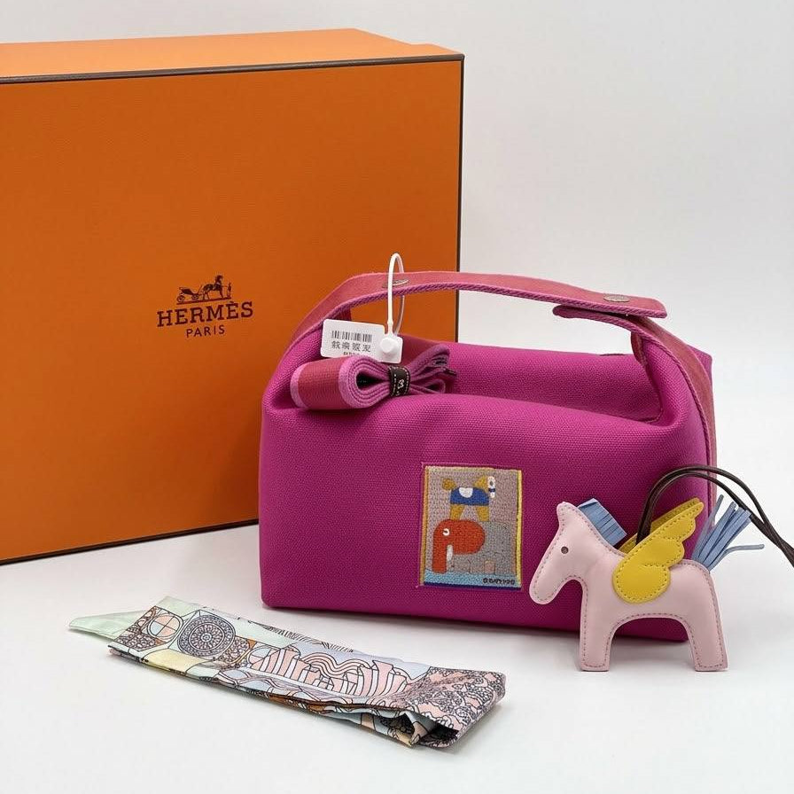 Hermes Canvas Handbag Set with Horse Charm and Scarf