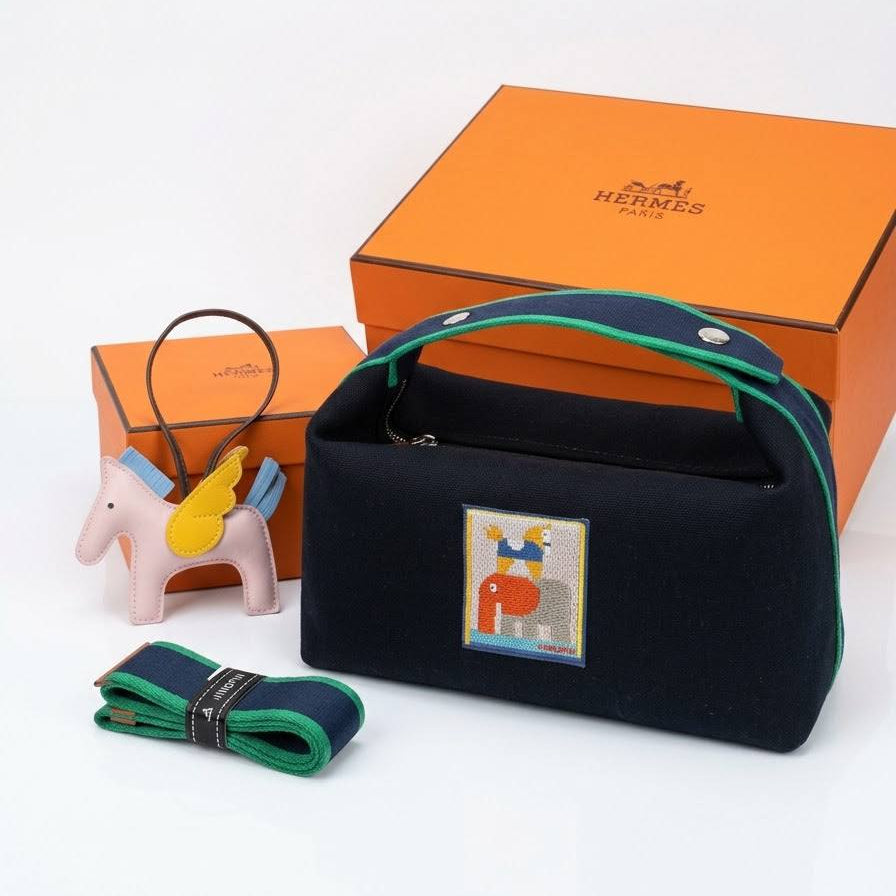 Hermes Canvas Handbag Set with Horse Charm and Scarf