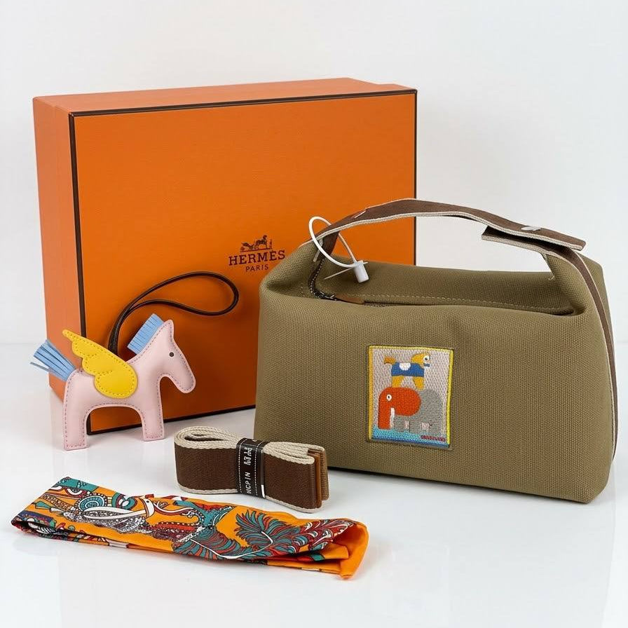 Hermes Canvas Handbag Set with Horse Charm and Scarf