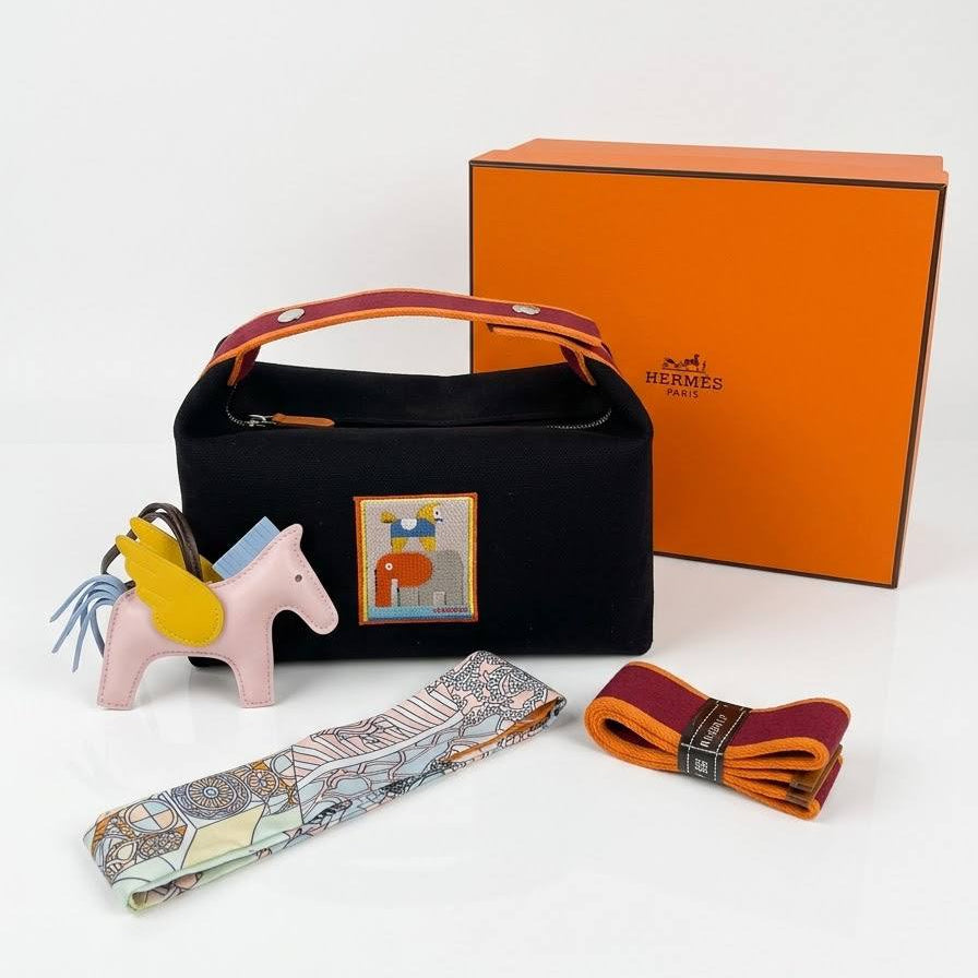 Hermes Canvas Handbag Set with Horse Charm and Scarf
