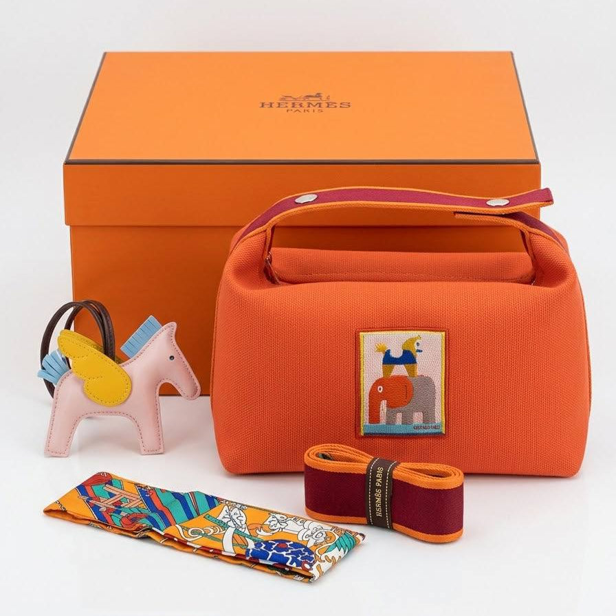 Hermes Canvas Handbag Set with Horse Charm and Scarf