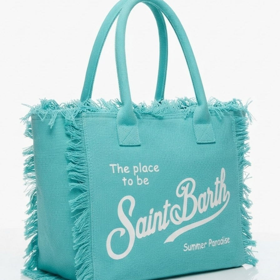 Saint Barth Summer Paradise Canvas Fringed Tote Bag