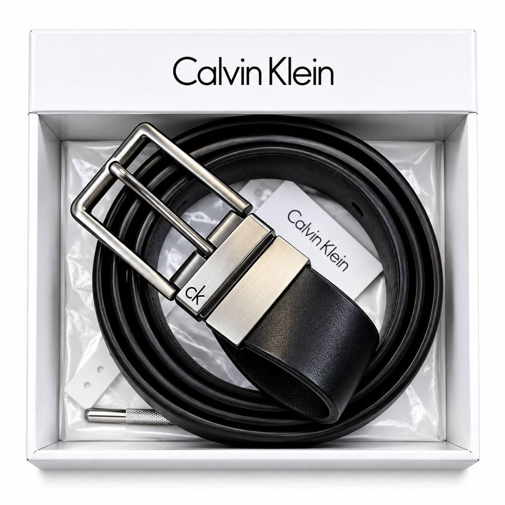 Calvin Klein Signature Black Leather Belt with Silver Tone Buckle