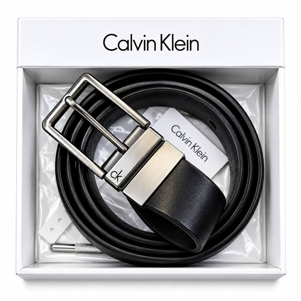 Calvin Klein Signature Black Leather Belt with Silver Tone Buckle